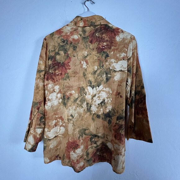 Harvé Bernard Womens Floral Button-Up Shirt Size 1X Brown Linen-Cotton Blend - Picture 2 of 8